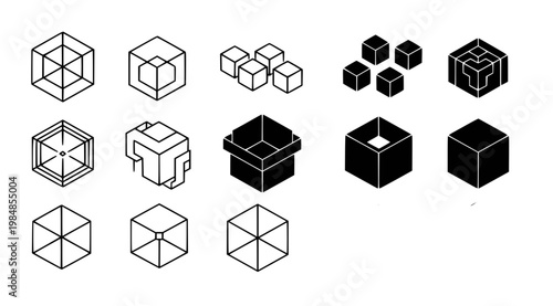 A collection of 3D cube shapes in various styles and designs, including line art, solid black, and transparent illustrations on a white background.