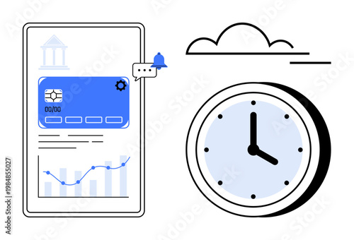 Financial technology, banking apps, time tracking, productivity, analytics, online payments. Mobile screen with card details, graph clock and notifications. Financial technology and banking apps