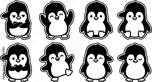 Black and white flat design cute penguin characters with different poses and expressions