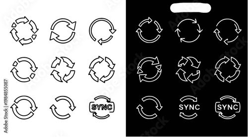 A set of vector graphic icons depicting various sync and recycling symbols in black and white on a split background