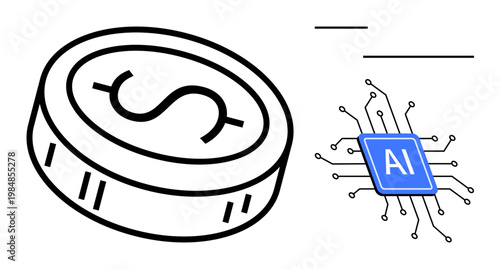 Digital finance, artificial intelligence, fintech innovation, cryptocurrency, blockchain, automation. Coin with dollar sign next to an AI chip. Digital finance and artificial intelligence