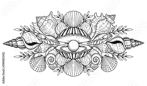 Symmetrical seashell vector pearl botanical ornament black white design