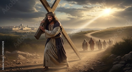 Holy image of Jesus Christ walking to Calvary with cross illuminated by dramatic sky photographed in centered composition isolated on pure background