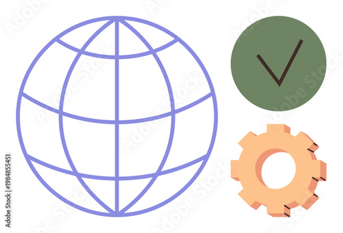 Global communication, system settings, quality assurance, business processes, worldwide reach, approval. Globe icon, gear and checkmark graphic. Global communication and system settings concepts