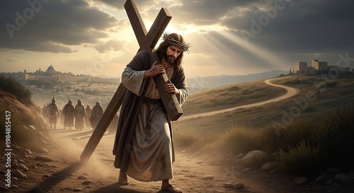 Elegant religious depiction of Jesus carrying cross on road to Golgotha photographed in premium isolated studio shot against seamless background