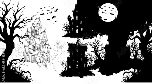 A spooky black and white vector illustration of a haunted house scene with a full moon and bare trees on a dark night