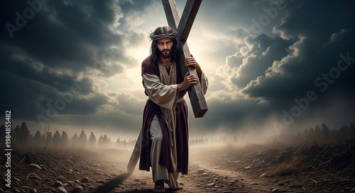 Holy artwork featuring Jesus carrying cross silhouetted against dramatic sky photographed in centered composition isolated on pure background