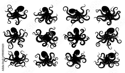 Octopus silhouette vector marine life set tentacle sea creature icons