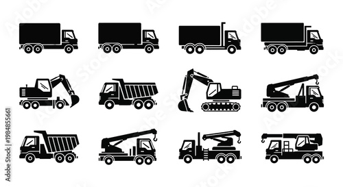 A collection of black vehicle silhouettes including trucks excavators and dumpsters presented in a uniform style silhouette high quality professional detailed