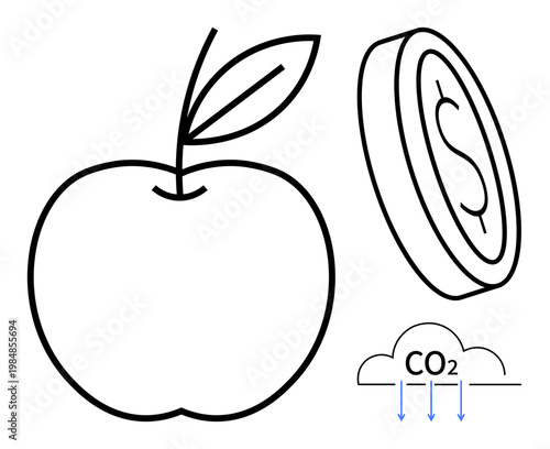 Sustainability, economic impact, carbon footprint, ecology, agriculture, resource management. Apple, coin CO2 emission. Sustainability and economic impact concept