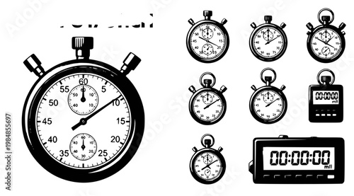 A collection of various stopwatch and timer icons in a flat vector graphic design on a white background
