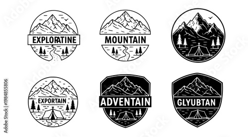 A set of six black and white vector graphic logos featuring mountain landscapes with trees and tents