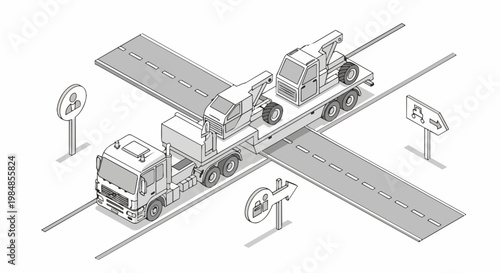 Isometric Illustration of Semi-Truck Transporting Heavy Construction Machinery on a Trailer with Road Signs and Highway Elements, Minimalist Line Art Style