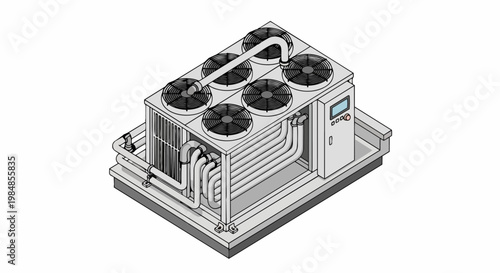 Isometric Industrial HVAC Chiller Unit Vector Illustration for Commercial Cooling Systems, Climate Control, and Mechanical Engineering Design