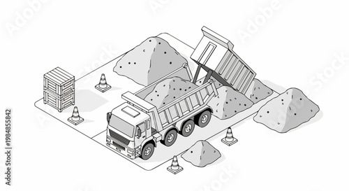 Isometric Line Art Illustration of Dump Trucks Unloading Sand on a Construction Site