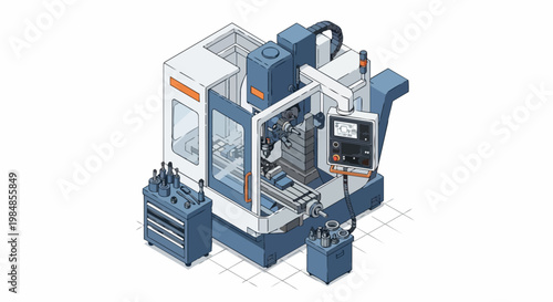 Modern CNC Milling Machine Isometric Illustration, Automated Machining Center with Control Panel and Tool Storage for Industrial Manufacturing and Precision Engineering