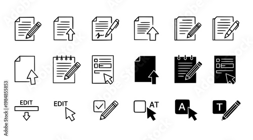 A set of black and white vector icons depicting various document and editing symbols for use in digital design and editing software