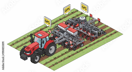 Smart Farming Illustration: Red Tractor with Advanced Seed Drill and GPS Indicators for Precision Agriculture