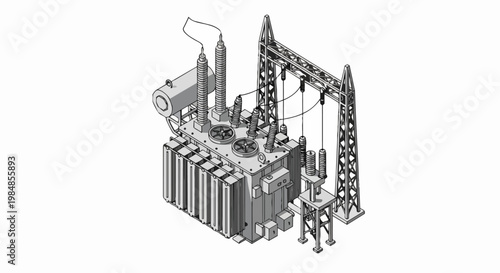 Isometric Illustration of a High-Voltage Electrical Power Transformer and Substation Infrastructure for Energy Distribution