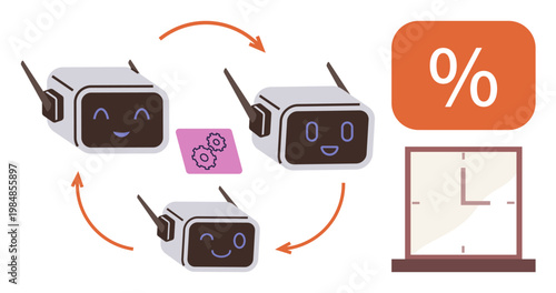 Workflow optimization, robotics, automation, technology, machine learning, process efficiency. Robots forming a cyclic system, gear icon percentage sign and clock. Workflow optimization