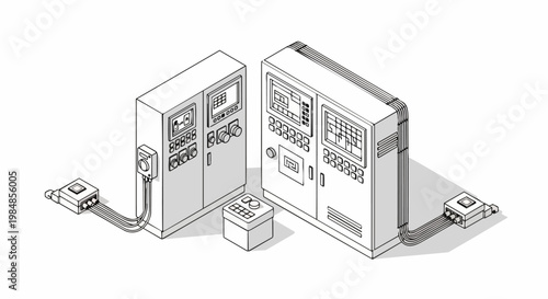 Isometric Line Art of Industrial Control Panels and Electrical Cabinets for Manufacturing Automation, Technical Schematic of Factory Hardware and HMI Systems