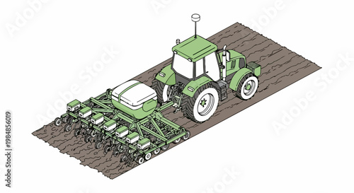 Isometric Illustration of a Modern Green Tractor with a Precision Row Crop Seeder Planter on a Tilled Field for Smart Farming Concept