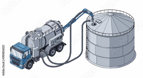 Isometric Industrial Vacuum Tanker Truck and Storage Silo Illustration for Waste Management and Fuel Transport
