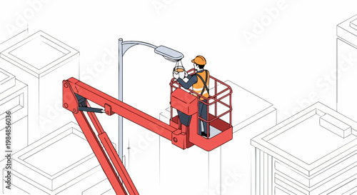 Isometric Maintenance Worker on Cherry Picker Repairing Urban Street Light Illustration