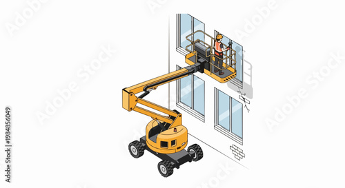 Isometric Construction Worker on Boom Lift Repairing Building Window. Yellow cherry picker lift with operator at height for building maintenance and facade work.