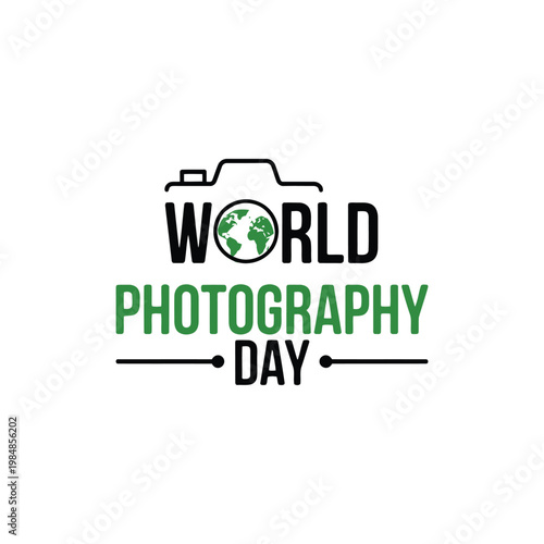 Minimal world photography day logo design with camera contour and green globe graphic.
