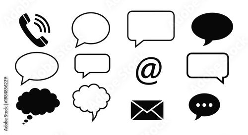 A collection of black communication icons including a phone speech bubbles email and thought cloud silhouette high quality professional detailed modern