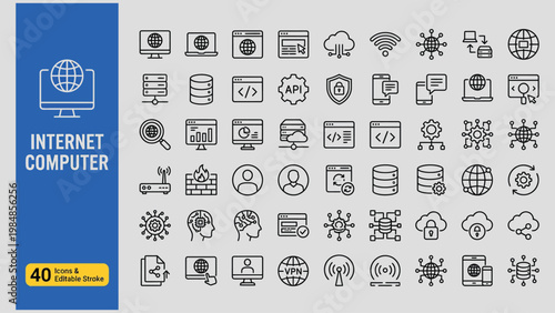 Internet computer web icons in line style.Data center, Cloud technology, connection network, digital service, database platform, collection. Editable stroke. Vector illustration.

