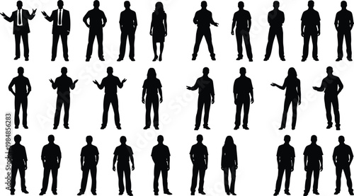 People silhouettes casual collection set, men women standing different poses isolated black vector illustration human figures bundle pack