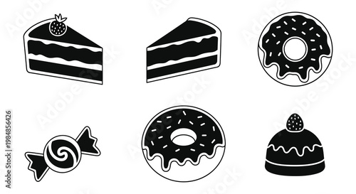 A collection of black silhouette desserts including cake slices donuts a cupcake and a swirl lollipop silhouette high quality professional detailed