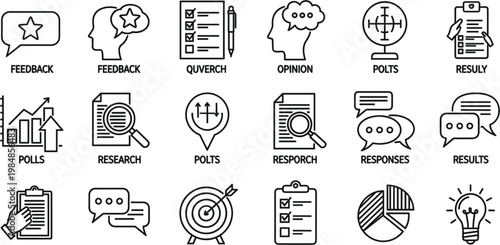 Market research and consumer feedback icon set in modern black line art for data insight
