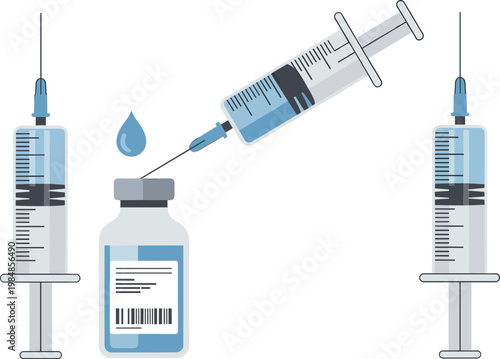 Medical syringe and vaccine vial bottle set for vaccination injection immunization and healthcare treatment vector illustration in flat design 