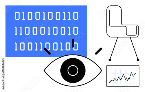 Data analysis, surveillance, artificial intelligence, office productivity, growth tracking, binary code . Binary numbers, an eye office chair and a graph. Data analysis and surveillance concept