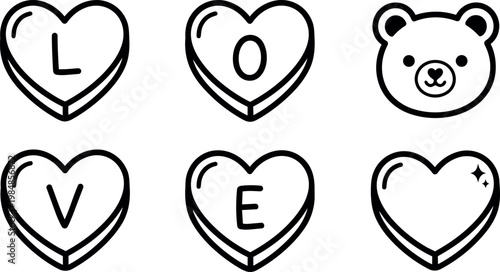 Black and white love hearts with letters and teddy bear face line art vector