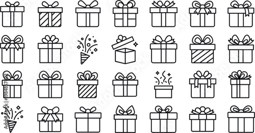 Gift box line icon set with ribbon bow and open present minimalist symbols for birthday Christmas celebration