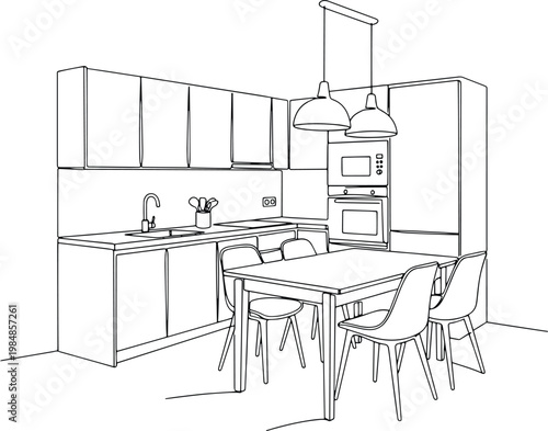 Modern kitchen interior line art with dining table, chairs, and pendant lights.