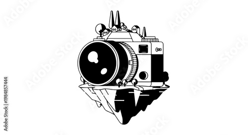 A minimalist vector graphic illustration of a camera on a geometric shape with a transparent background
