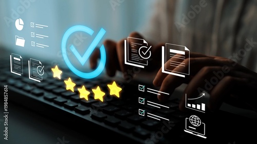 Digital interface displaying approval process with checkmarks, files, and rating stars representing quality assurance in online services and customer feedback. Gluon.