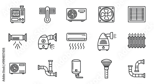 A collection of black and white line art icons depicting various heating ventilation and air conditioning systems silhouette high quality