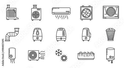 A collection of various air conditioning and ventilation system icons in a simple line art style silhouette high quality professional detailed