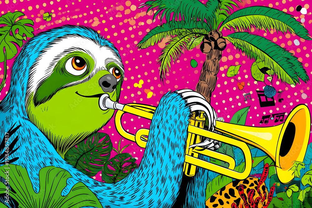 Obraz premium Pop art style illustration of a Sloth Playing Trumpet Among Tropical Plants