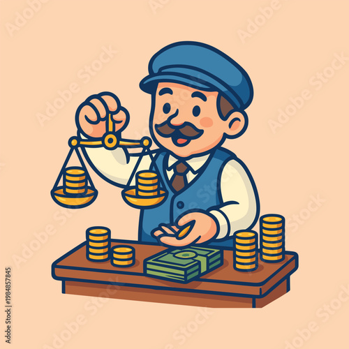 Cute banker weighing coins vector cartoon