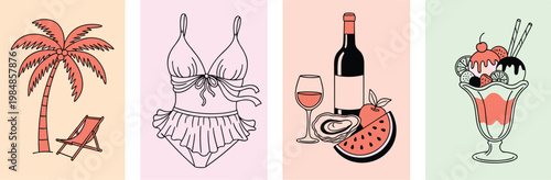 Summer aesthetic postcard set with palm beachwear wine watermelon dessert pastel backgrounds hand drawn vector illustration