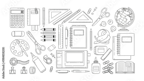 School Supplies Galore: An overhead shot showcases a diverse array of essential school supplies, carefully arranged to inspire productivity and creativity.