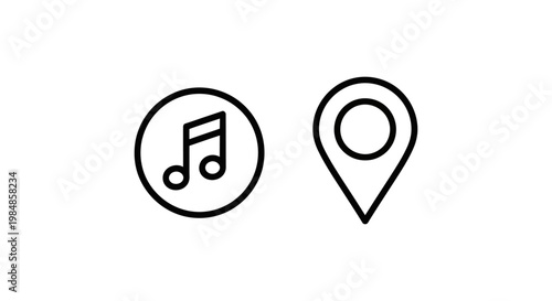 Musical note in circle icon and location pin icon representing music and place with illustration location destination navigation playlist