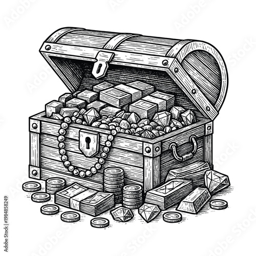 Vintage treasure chest engraving vector illustration
